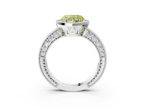 Platinum Fancy Yellow Heart  Cut Halo Diamond Pave Band Ring with Four-Prong Setting