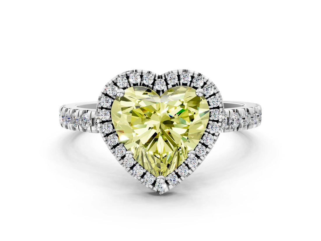 White gold Fancy Yellow Heart Cut Halo Diamond Pave Band with Prong Setting