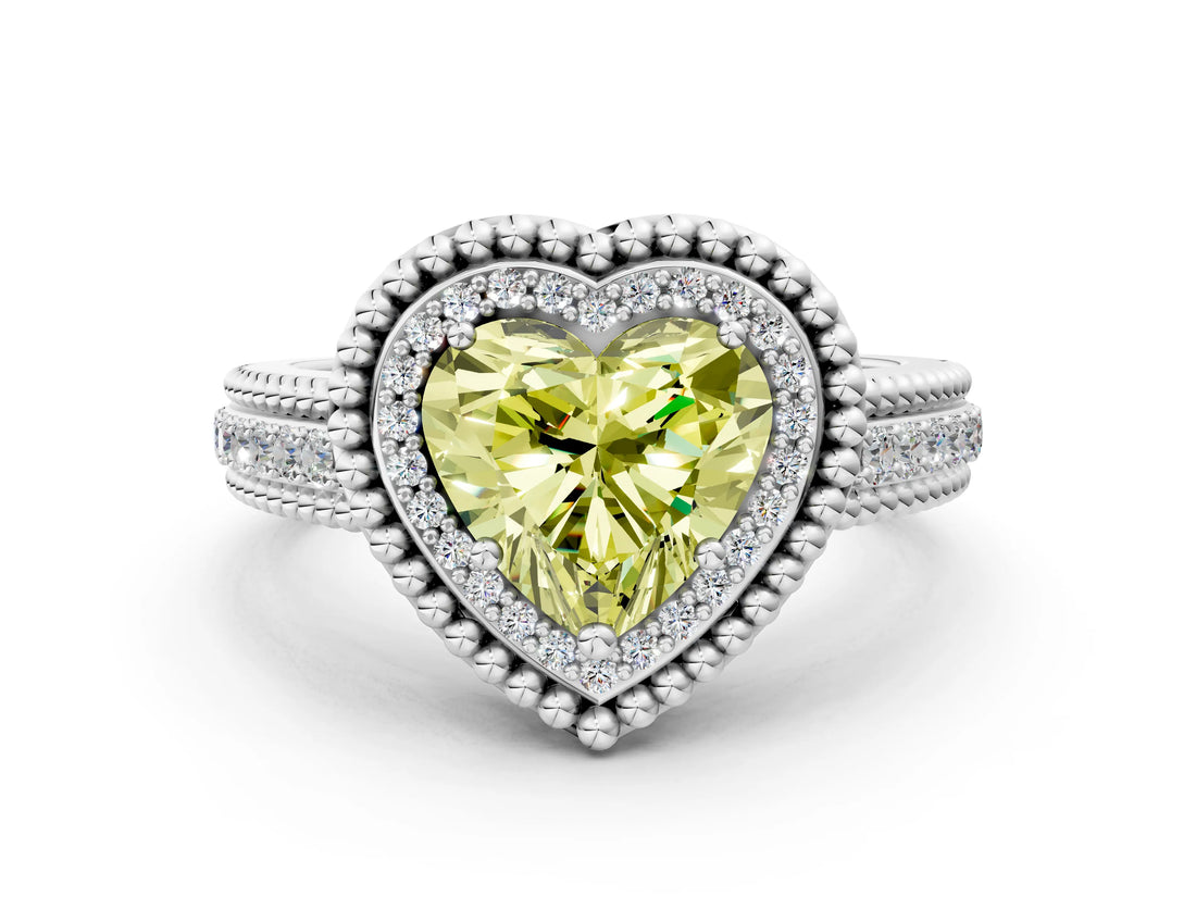 White gold Fancy Yellow Heart Cut Halo Diamond Ring with Beaded Split Shank and Four-Prong Setting