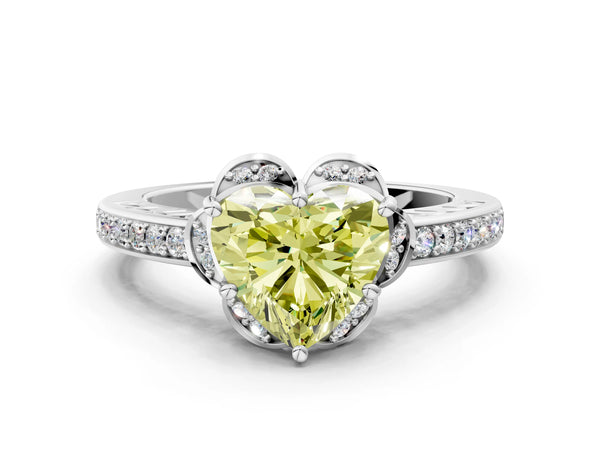 Platinum Fancy Yellow Heart  Cut Halo Diamond Ring with Channel Set Band and Four-Prong Setting