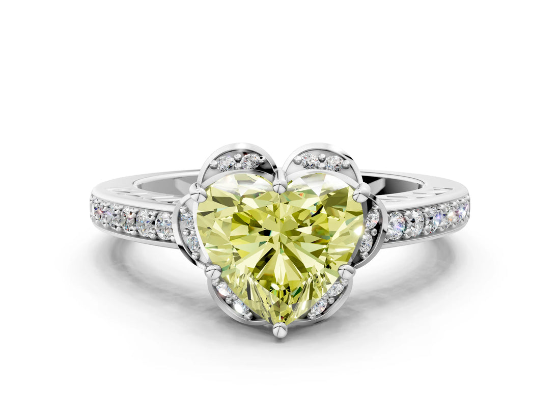 White gold Fancy Yellow Heart  Cut Halo Diamond Ring with Channel Set Band and Four-Prong Setting_32