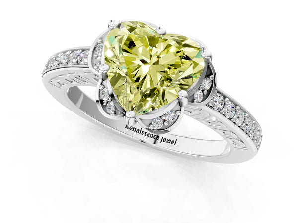 Platinum Fancy Yellow Heart  Cut Halo Diamond Ring with Channel Set Band and Four-Prong Setting