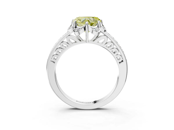 Platinum Fancy Yellow Heart  Cut Halo Diamond Ring with Channel Set Band and Four-Prong Setting