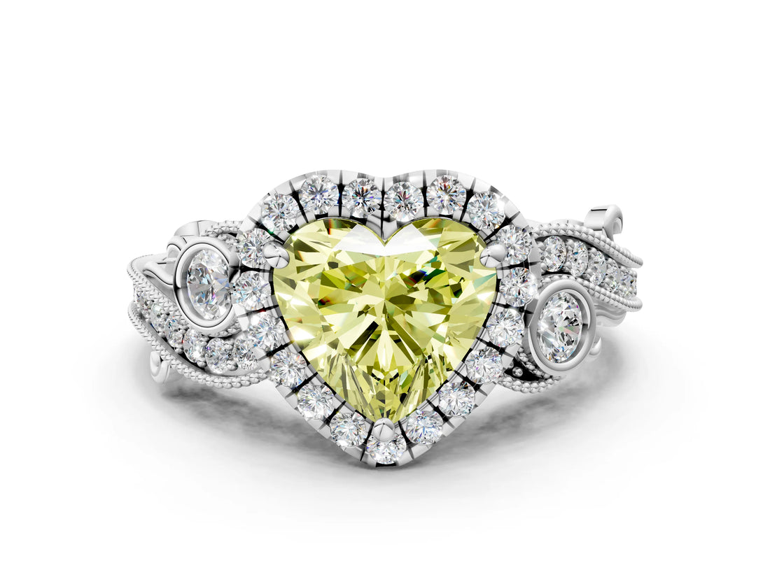 White gold Fancy Yellow Heart Cut Halo Diamond Ring with Milgrain and Bezel Accents on a Split Shank Band_12