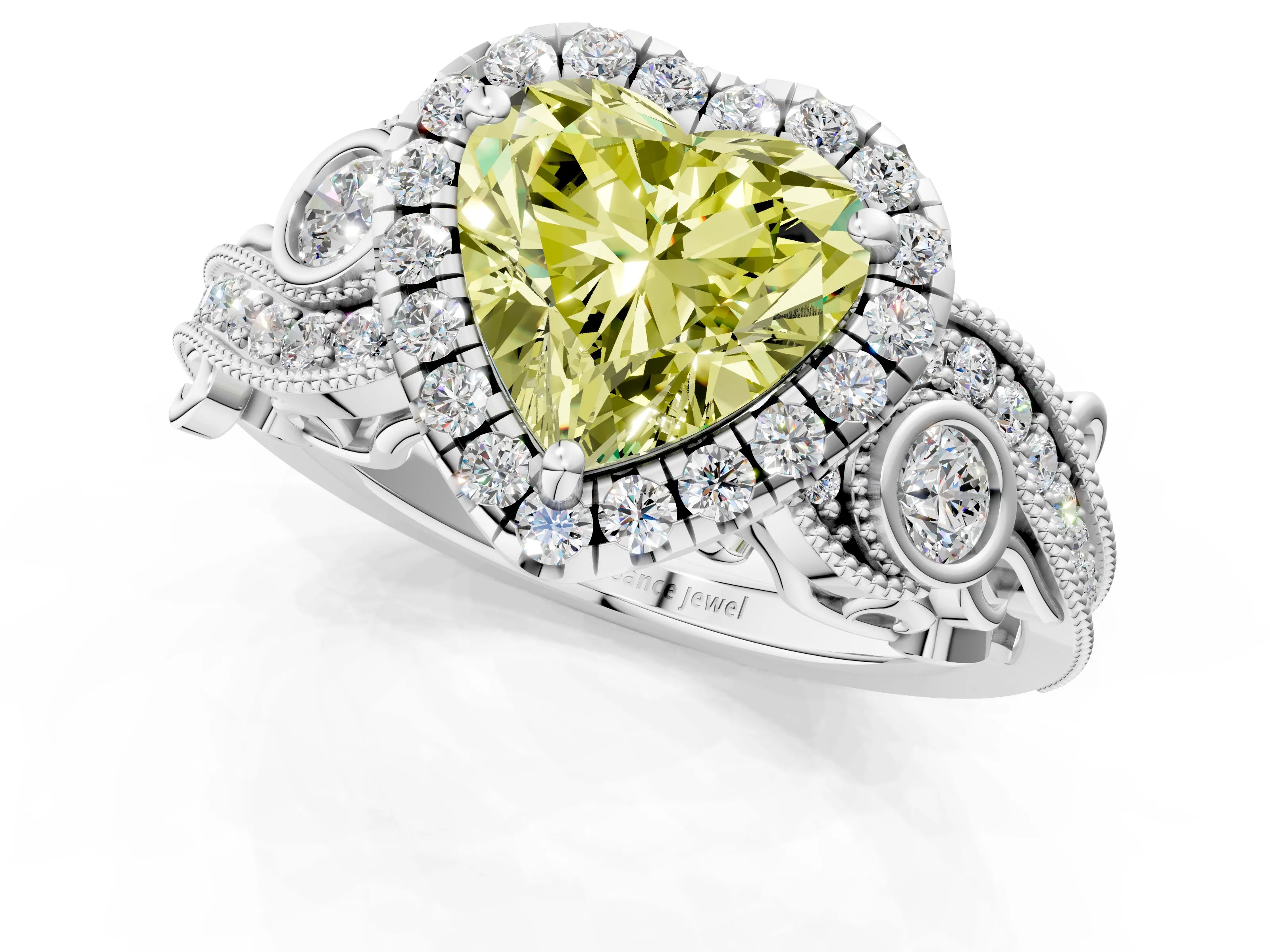 White gold Fancy Yellow Heart Cut Halo Diamond Ring with Milgrain and Bezel Accents on a Split Shank Band_1