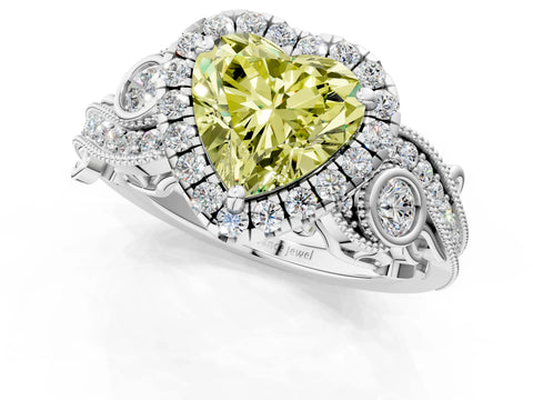 White gold Fancy Yellow Heart Cut Halo Diamond Ring with Milgrain and Bezel Accents on a Split Shank Band_1