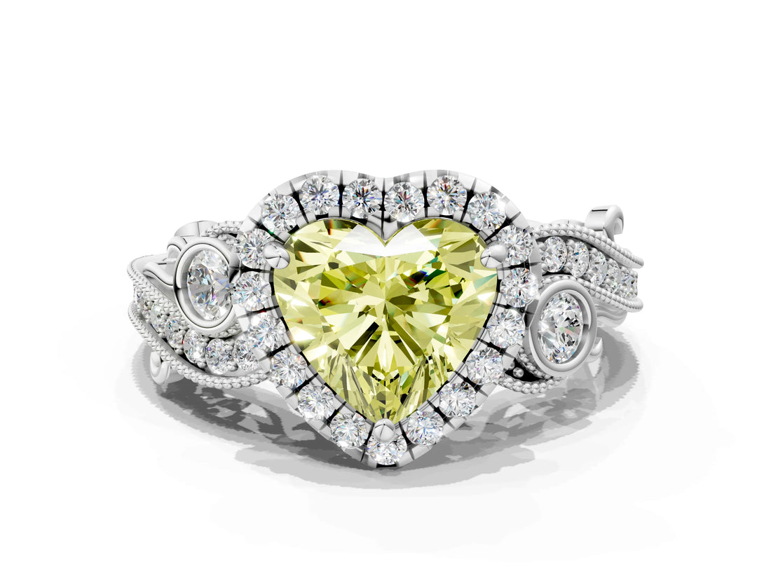 White gold Fancy Yellow Heart Cut Halo Diamond Ring with Milgrain and Bezel Accents on a Split Shank Band_24