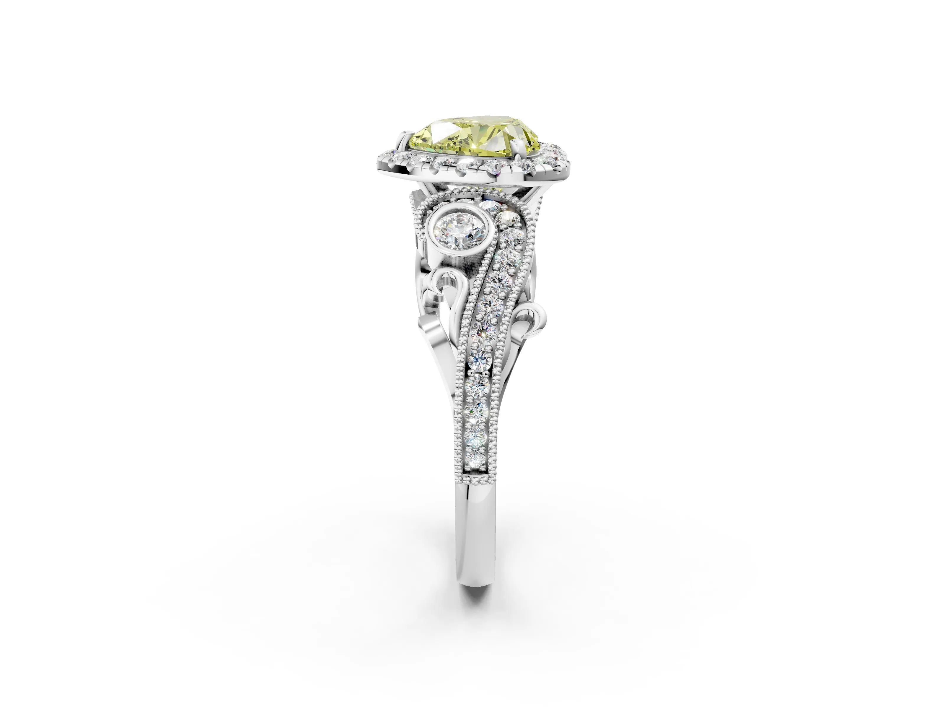 White gold Fancy Yellow Heart Cut Halo Diamond Ring with Milgrain and Bezel Accents on a Split Shank Band_2