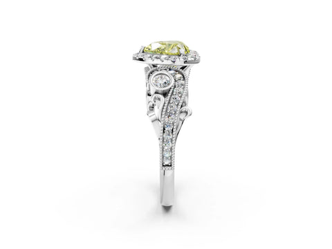 White gold Fancy Yellow Heart Cut Halo Diamond Ring with Milgrain and Bezel Accents on a Split Shank Band_2