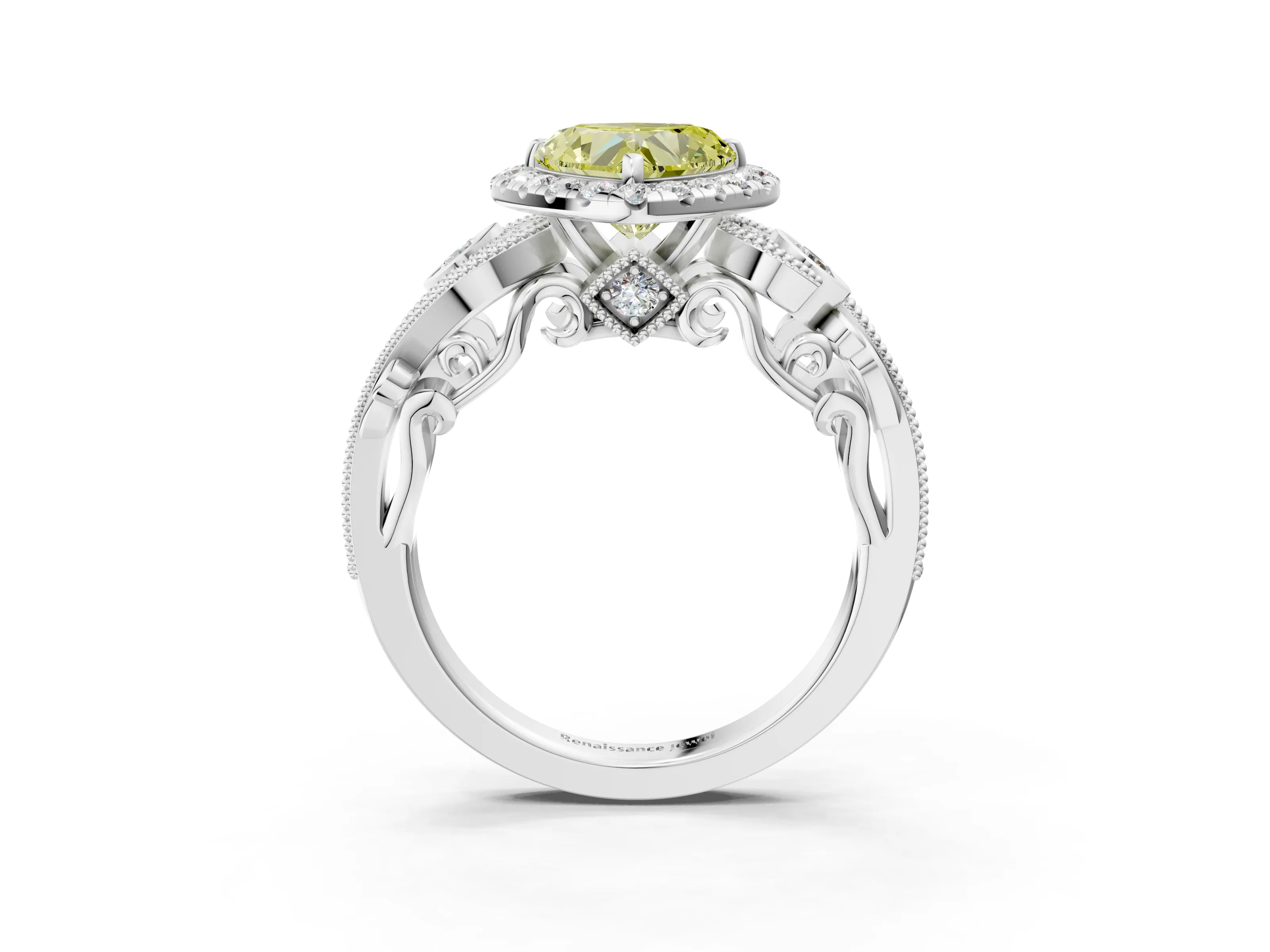 White gold Fancy Yellow Heart Cut Halo Diamond Ring with Milgrain and Bezel Accents on a Split Shank Band_3