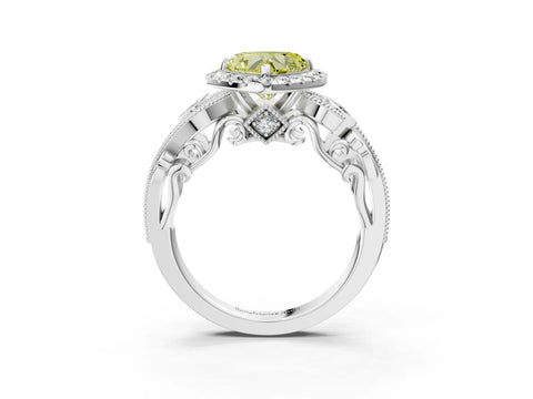 White gold Fancy Yellow Heart Cut Halo Diamond Ring with Milgrain and Bezel Accents on a Split Shank Band_3