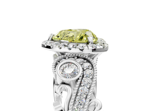 White gold Fancy Yellow Heart Cut Halo Diamond Ring with Milgrain and Bezel Accents on a Split Shank Band_5