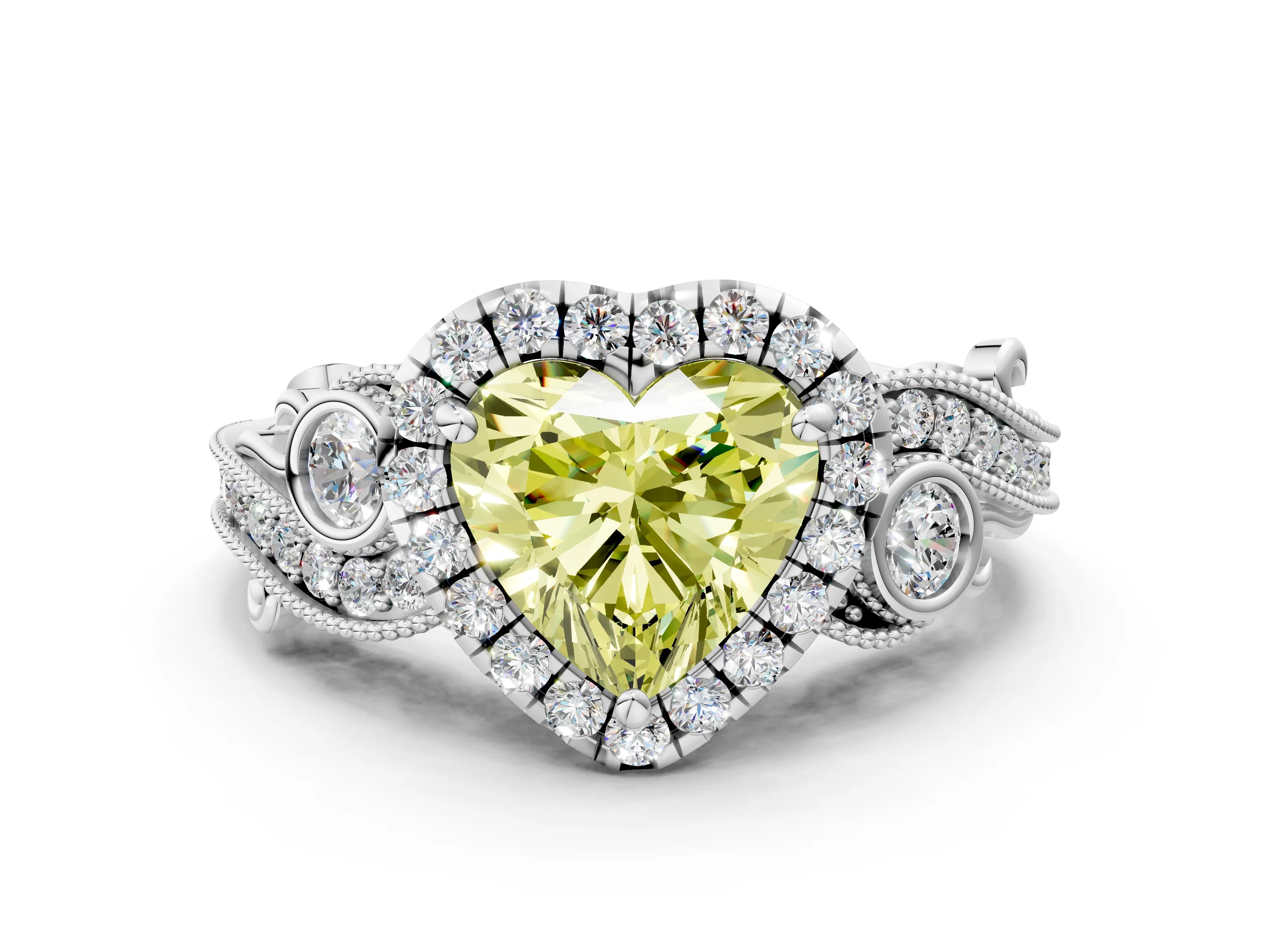 White gold Fancy Yellow Heart Cut Halo Diamond Ring with Milgrain and Bezel Accents on a Split Shank Band