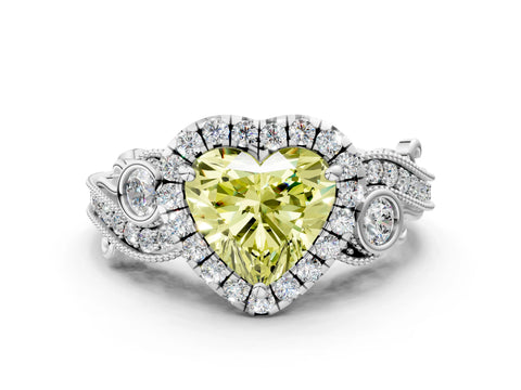 White gold Fancy Yellow Heart Cut Halo Diamond Ring with Milgrain and Bezel Accents on a Split Shank Band