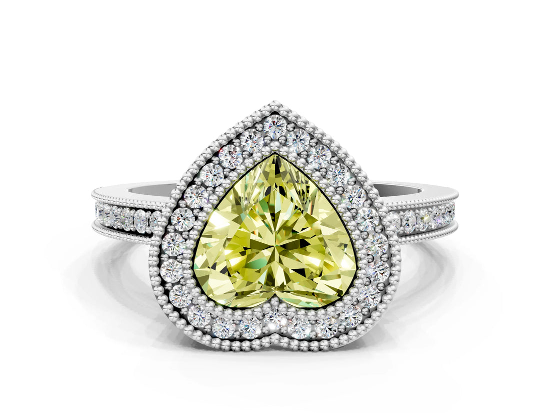White gold Fancy Yellow Heart  Cut Halo Diamond Ring with Pavé Band and Milgrain Prong Setting_32