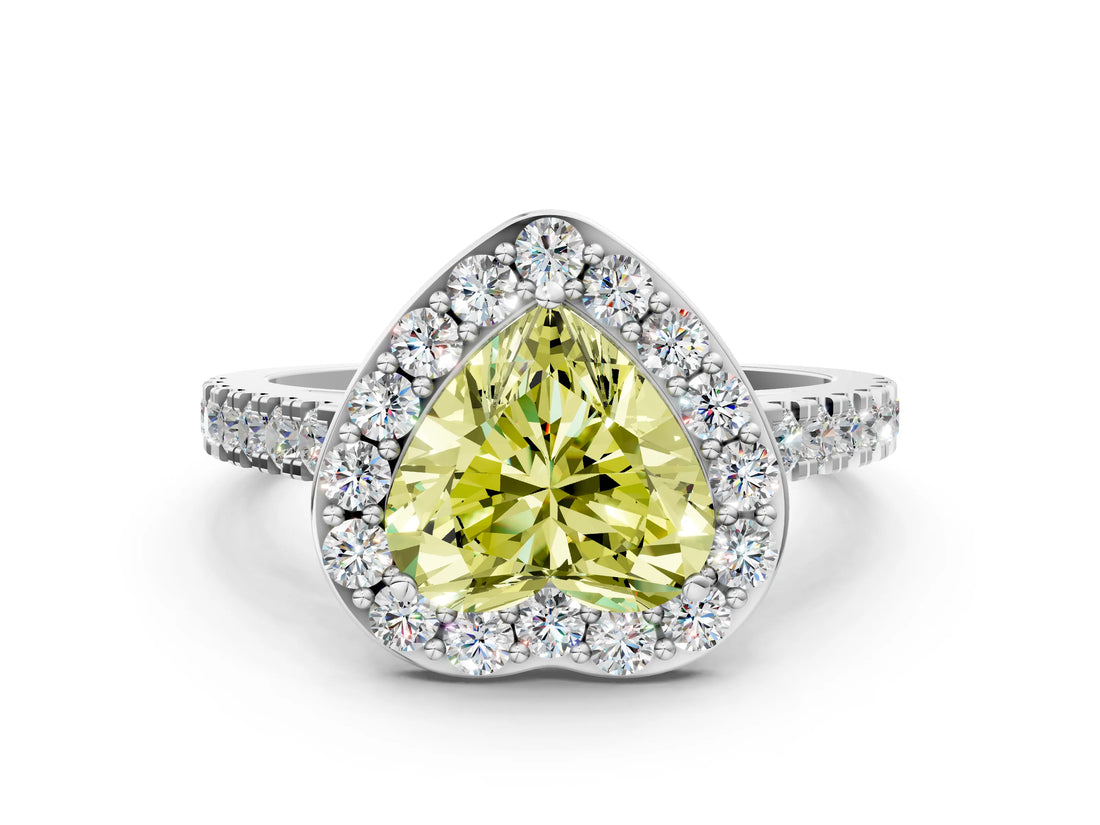 White gold Fancy Yellow Heart Cut Halo Diamond Ring with Pavé Band and Three-Prong Setting_36