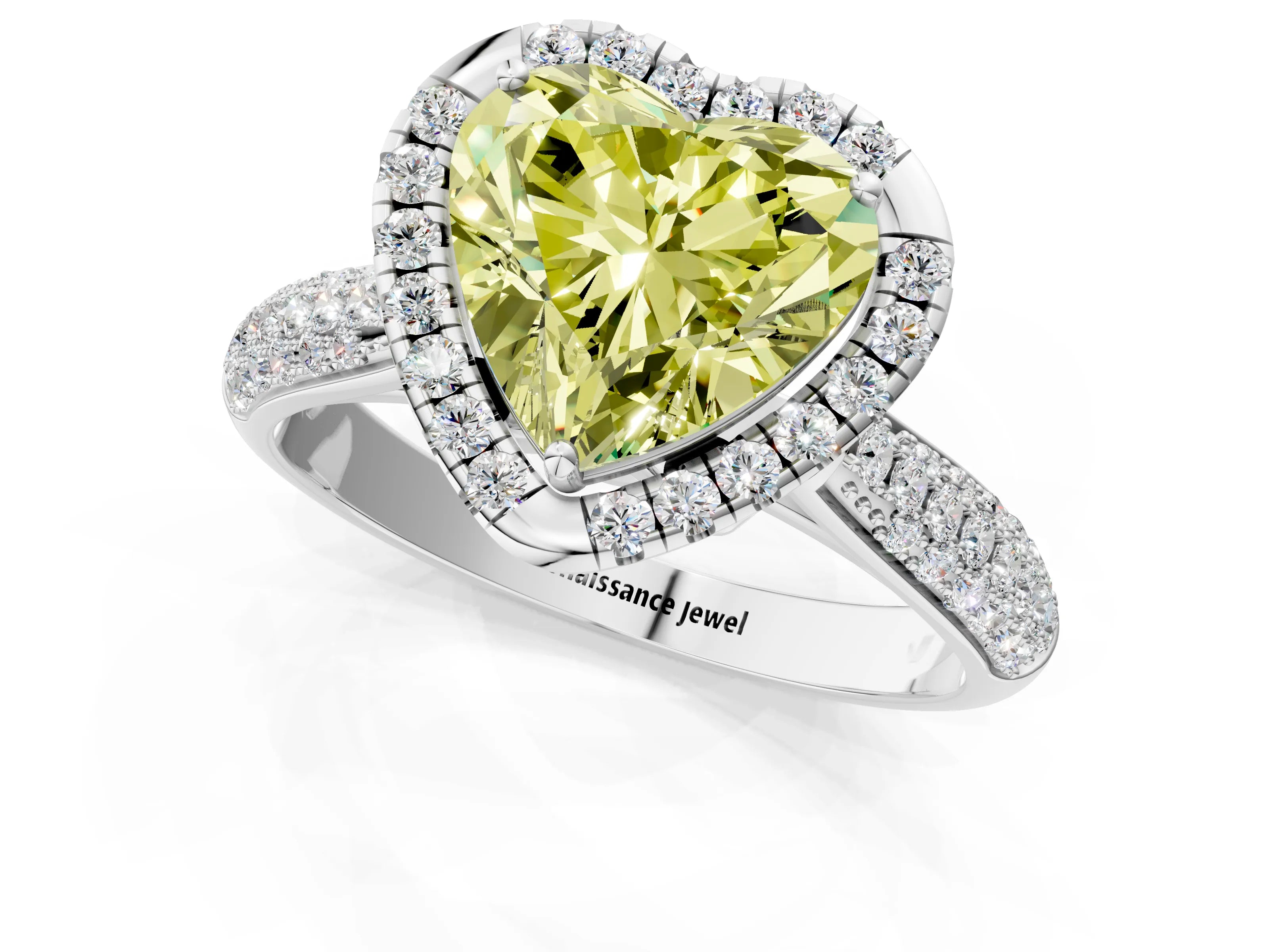 White gold Fancy Yellow Heart Cut Halo Diamond Ring with Pavé Band_1