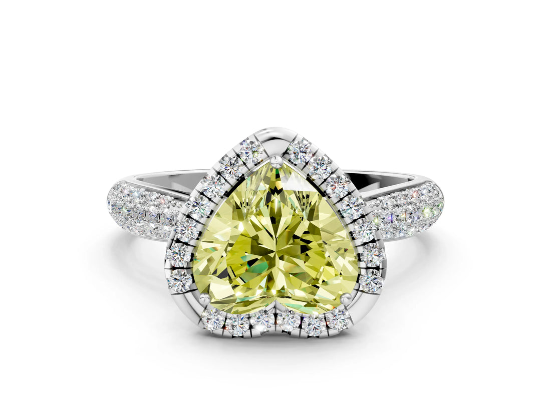 White gold Fancy Yellow Heart Cut Halo Diamond Ring with Pavé Band_36