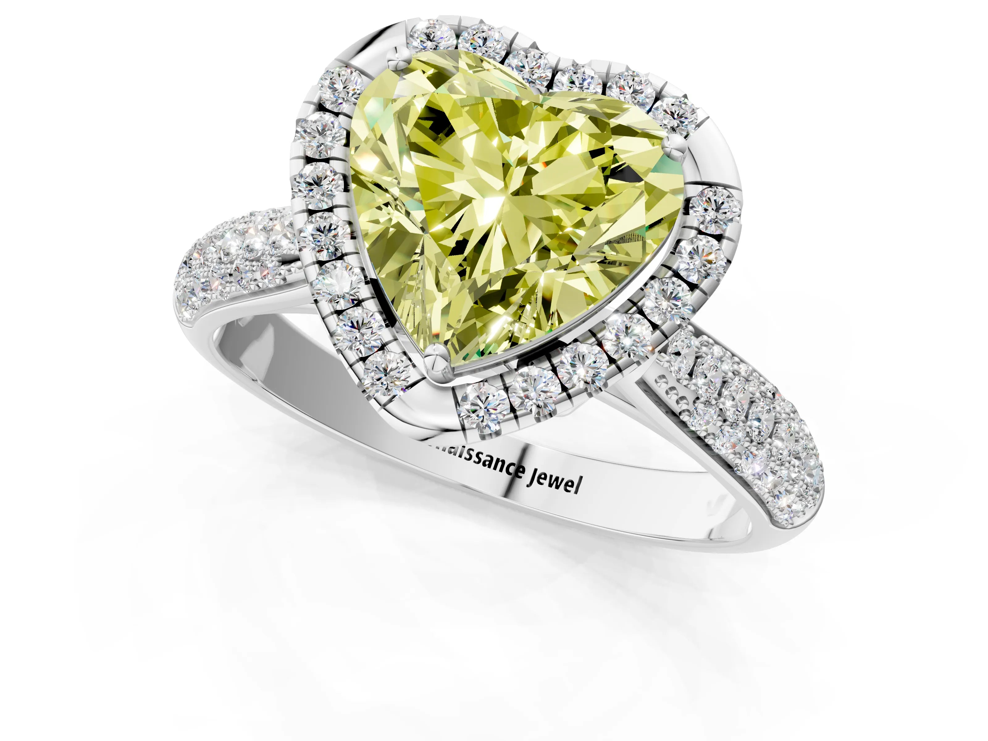 White gold Fancy Yellow Heart Cut Halo Diamond Ring with Pavé Band_37