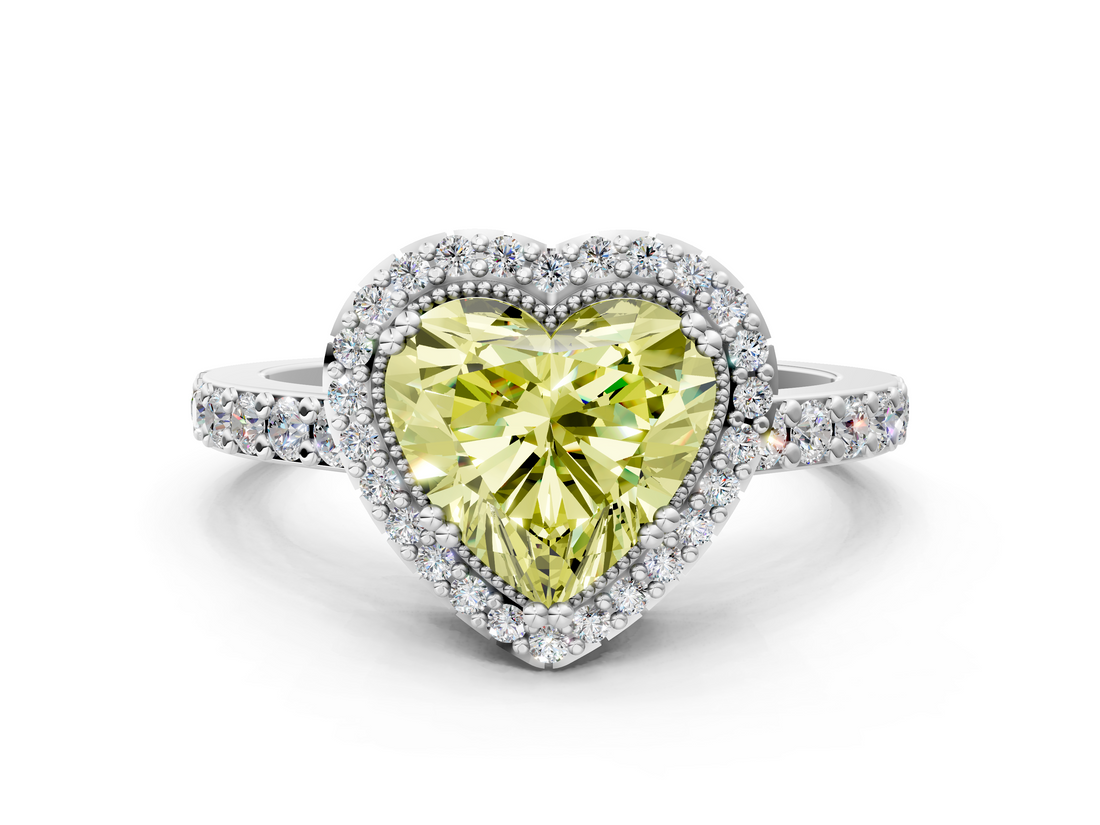 White gold Fancy Yellow Heart  Cut Halo Diamond Ring with Pave Band and Four-Prong Setting_24