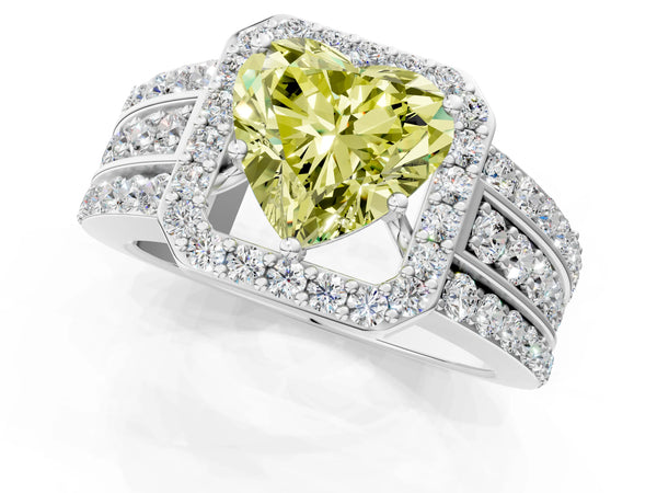 Platinum Heart-Shaped Triple-Row Pave Halo Engagement Ring Setting for Fancy Yellow Center