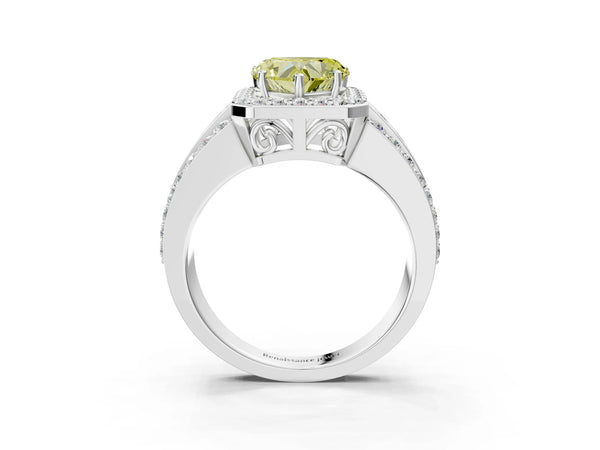 Platinum Heart-Shaped Triple-Row Pave Halo Engagement Ring Setting for Fancy Yellow Center