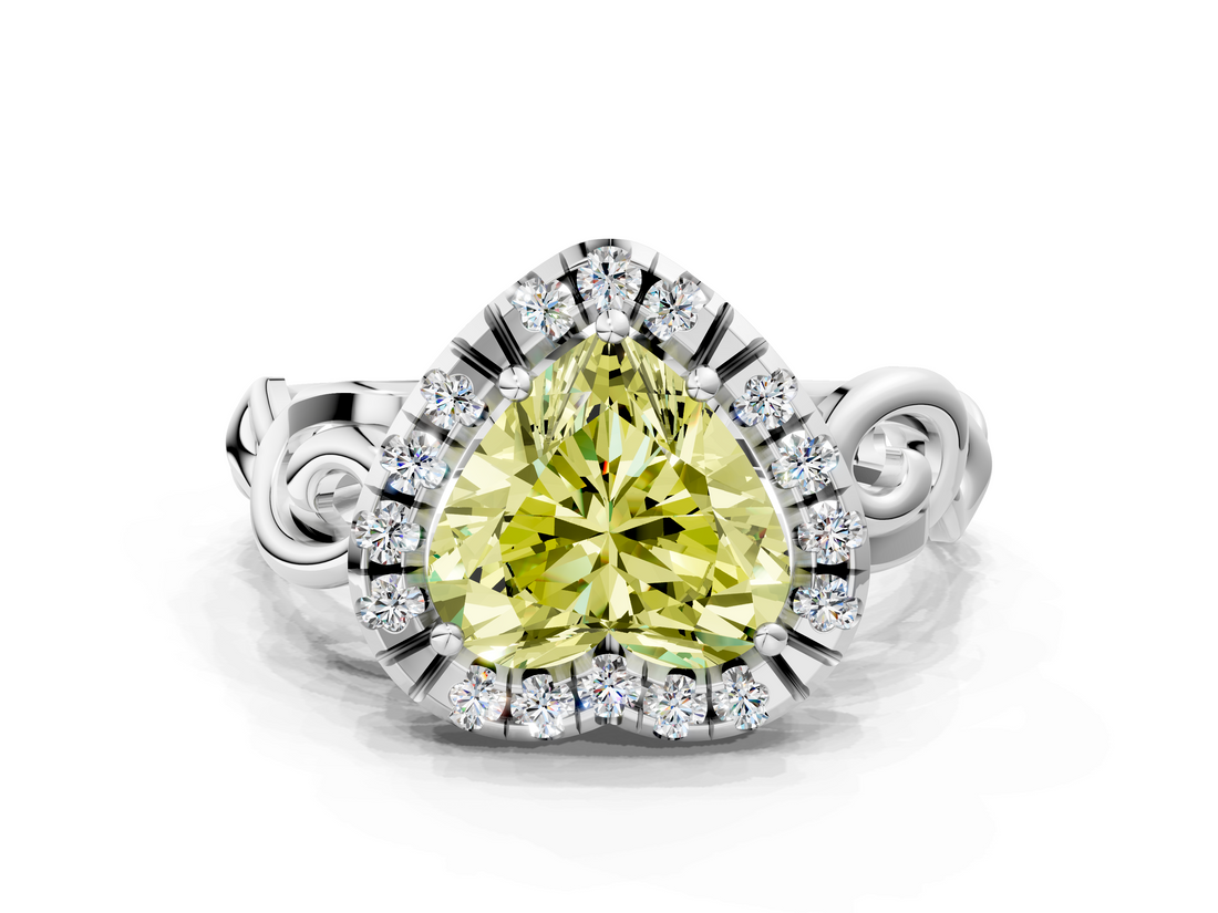 White gold Fancy Yellow Heart  Cut Halo Diamond Ring with Scrollwork Band and Four-Prong Setting_120