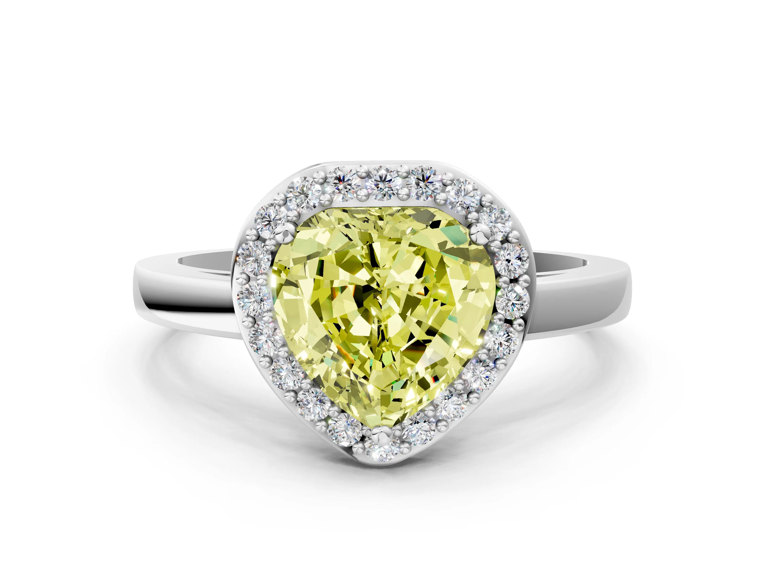 White gold Fancy Yellow Heart Cut Halo Diamond Ring with Solitaire Band and Prong Setting