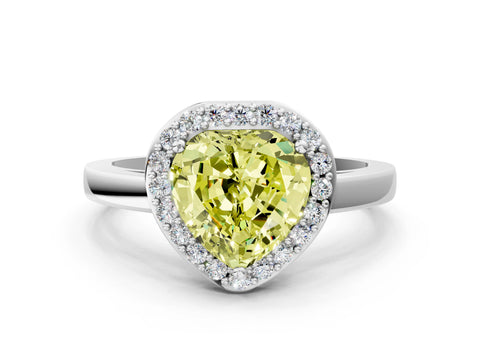 White gold Fancy Yellow Heart Cut Halo Diamond Ring with Solitaire Band and Prong Setting