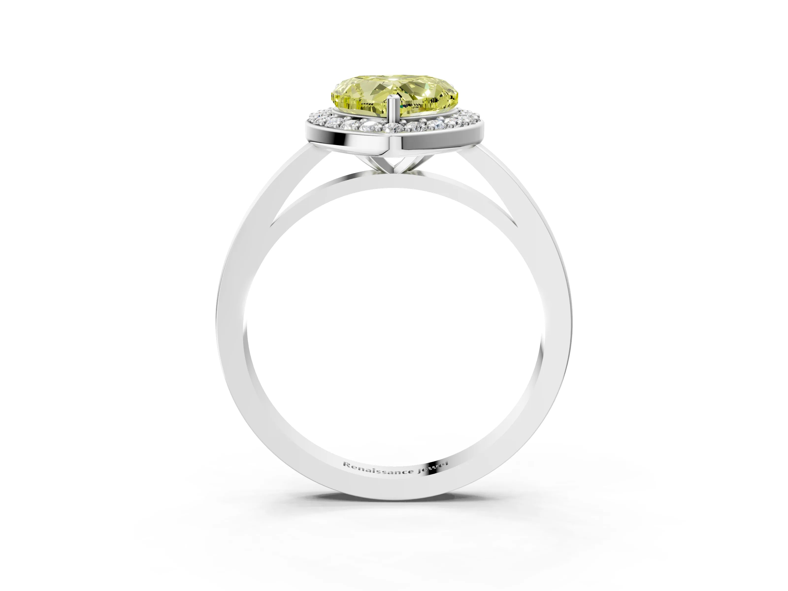 White gold Fancy Yellow Heart Cut Halo Diamond Ring with Solitaire Band and Prong Setting_3