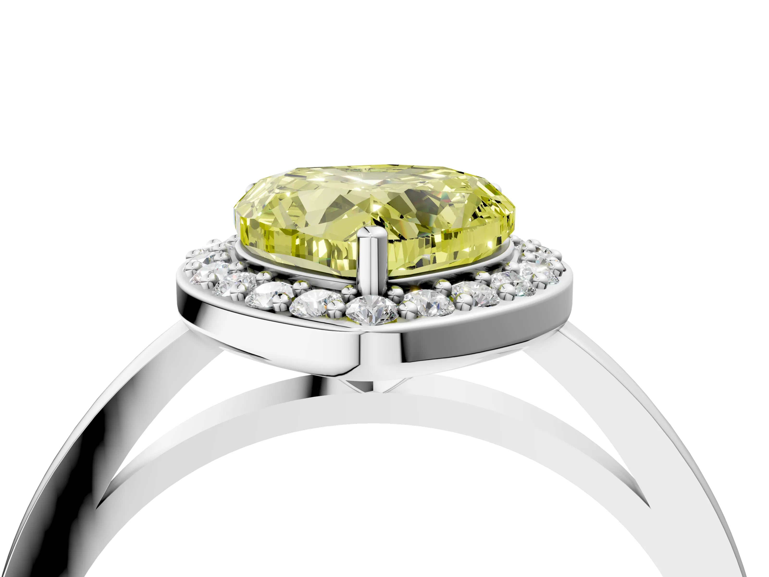 White gold Fancy Yellow Heart Cut Halo Diamond Ring with Solitaire Band and Prong Setting_4