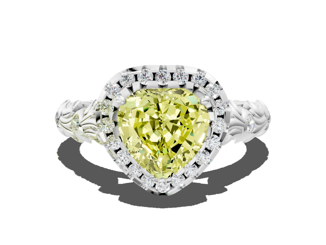 White gold Fancy Yellow Heart Cut Halo Diamond Solitaire with Filigree Band and Four-Prong Setting