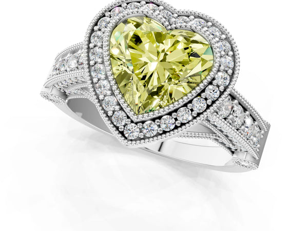White Gold Heart-Shaped Vintage Bezel Halo Engagement Ring Setting for Fancy Yellow Center