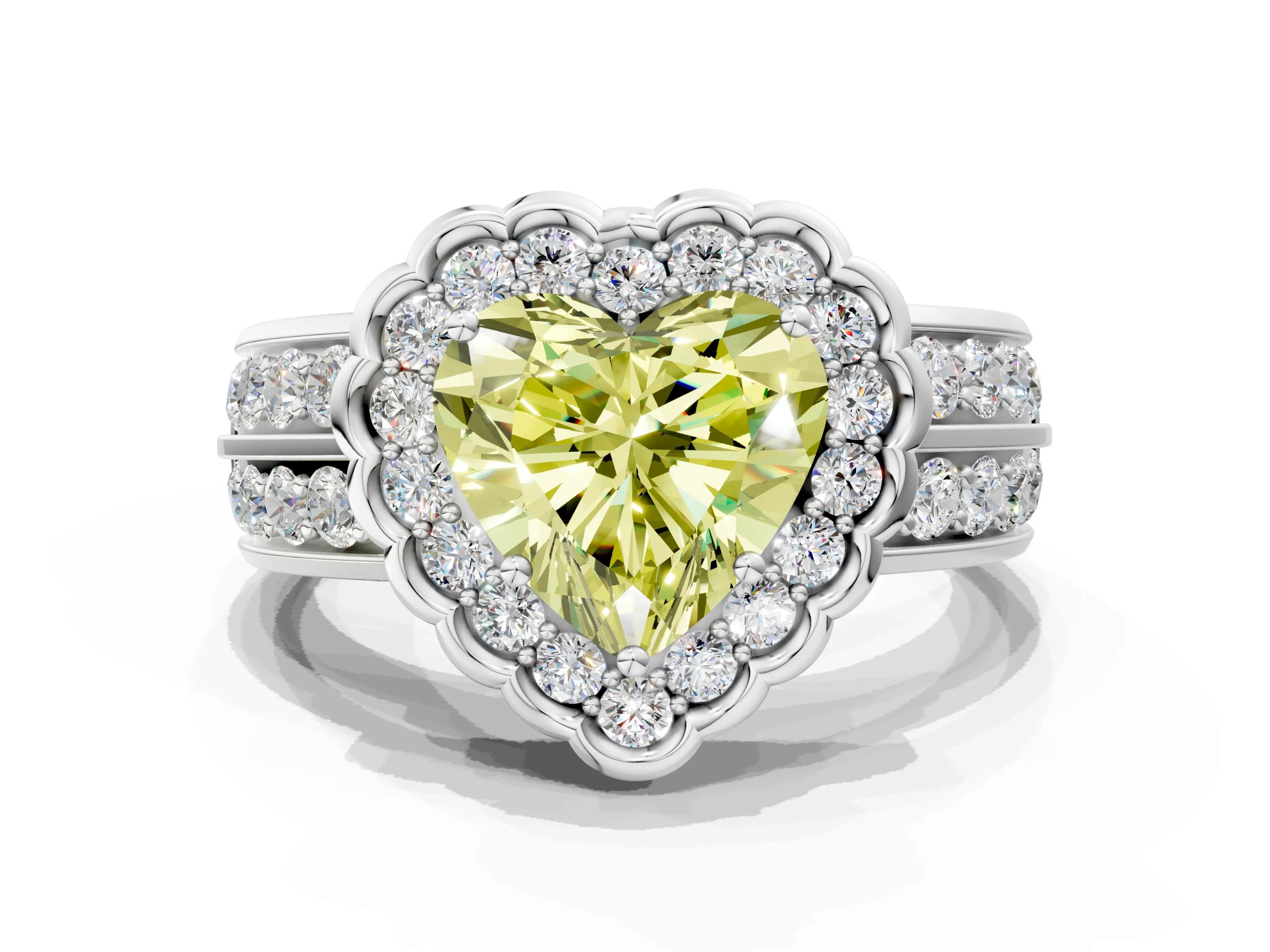 White gold Fancy Yellow Heart Cut Halo Diamond Split Shank Ring with Scalloped Prong Setting_12