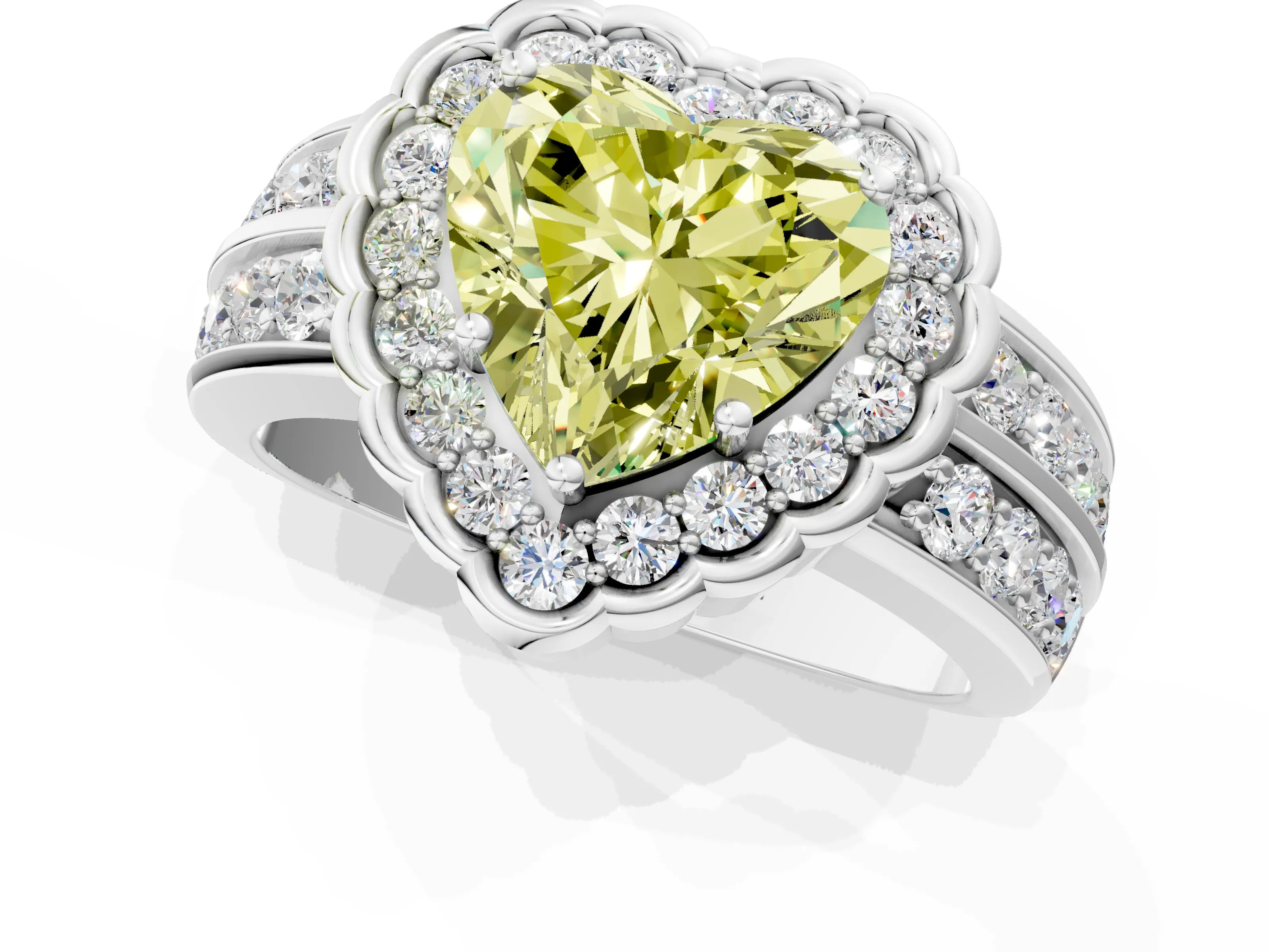 White gold Fancy Yellow Heart Cut Halo Diamond Split Shank Ring with Scalloped Prong Setting_13