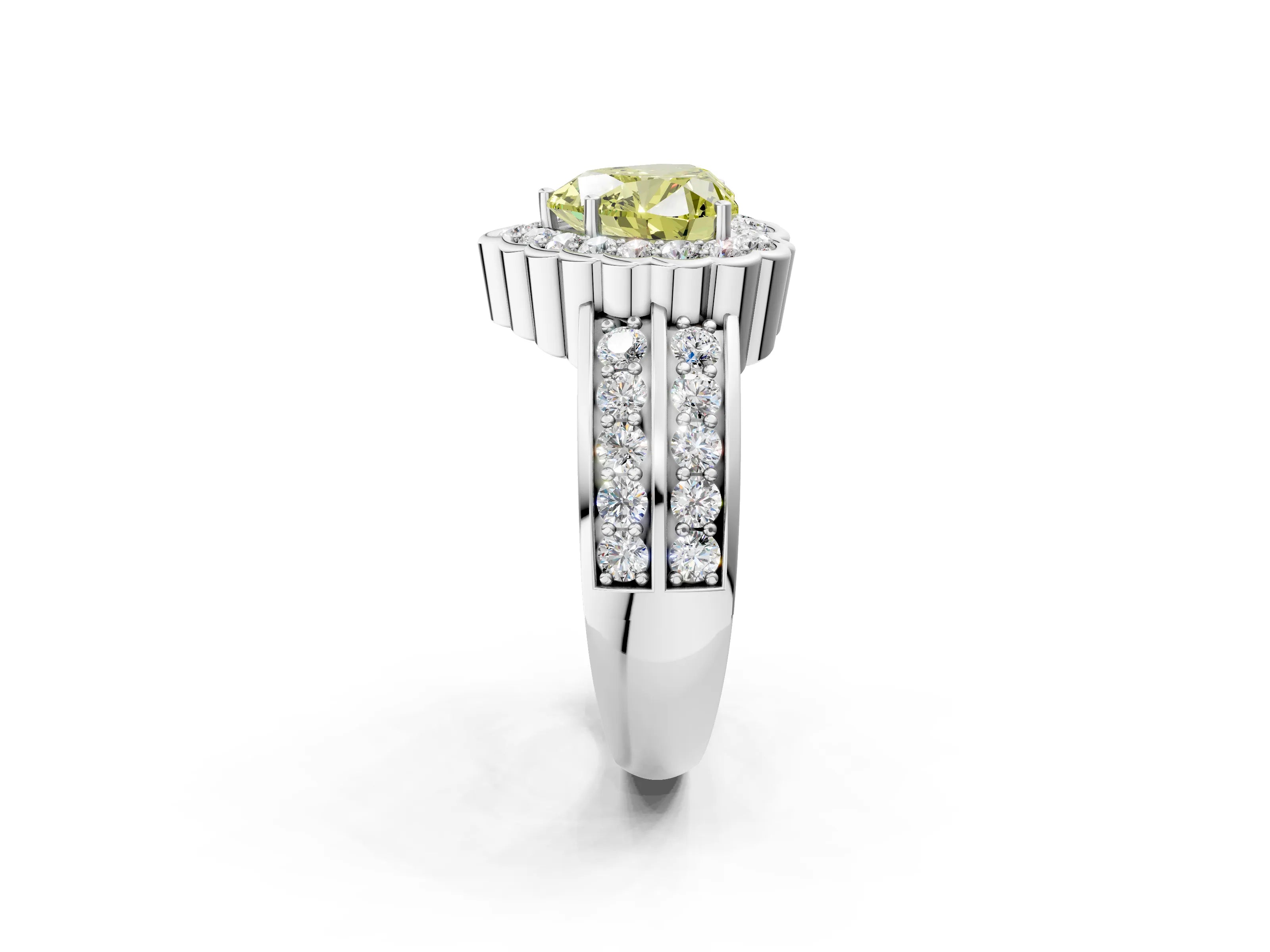 White gold Fancy Yellow Heart Cut Halo Diamond Split Shank Ring with Scalloped Prong Setting_14