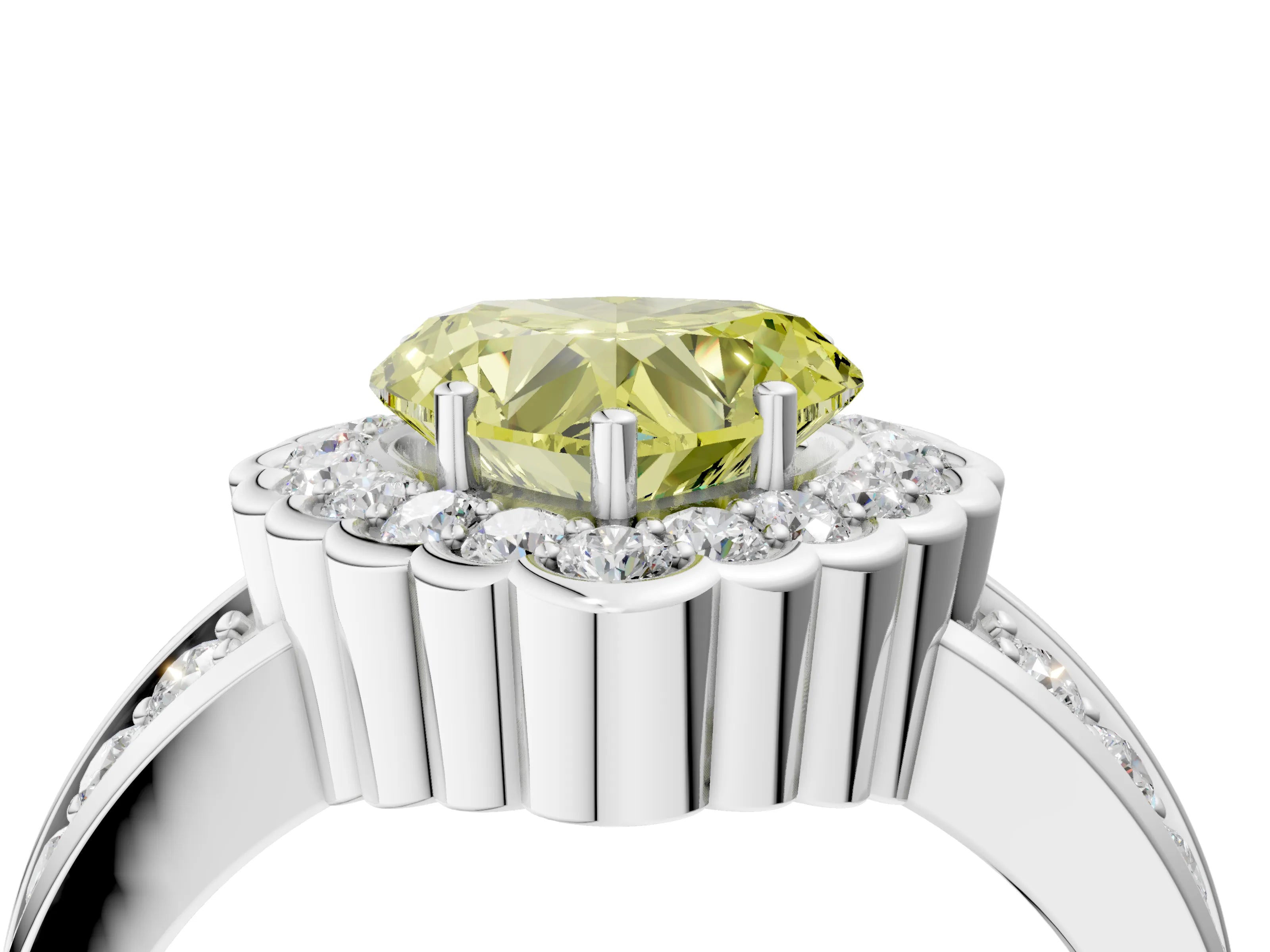 White gold Fancy Yellow Heart Cut Halo Diamond Split Shank Ring with Scalloped Prong Setting_16