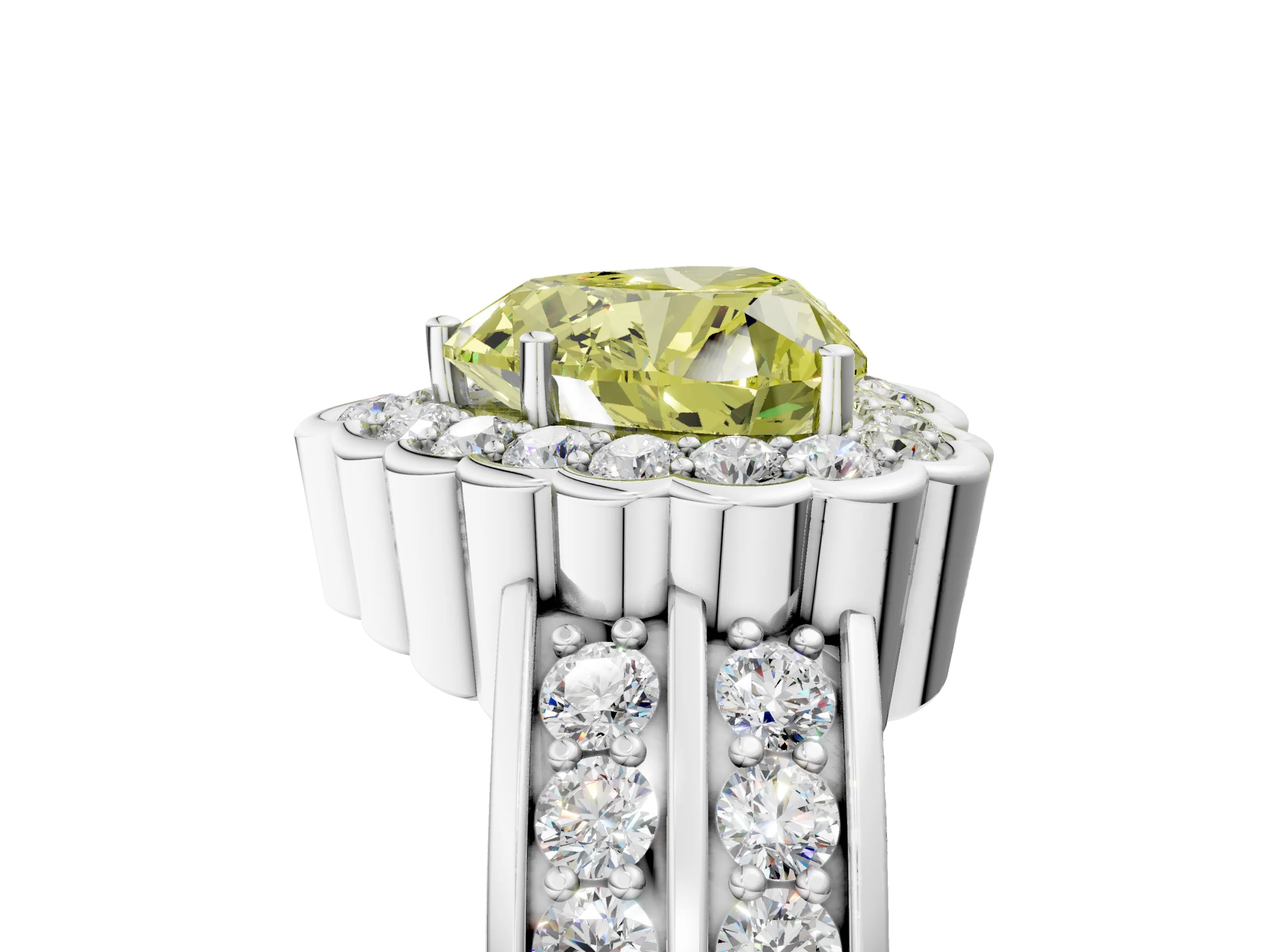 White gold Fancy Yellow Heart Cut Halo Diamond Split Shank Ring with Scalloped Prong Setting_17