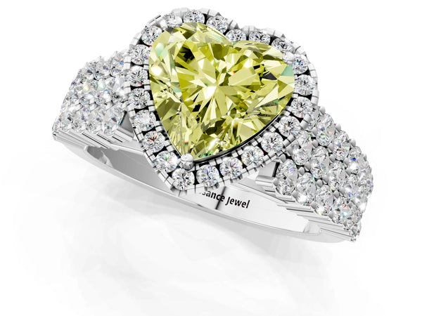White gold Fancy Yellow Heart Cut Halo Pavé Diamond Engagement Ring with Split Shank and Four-Prong Setting