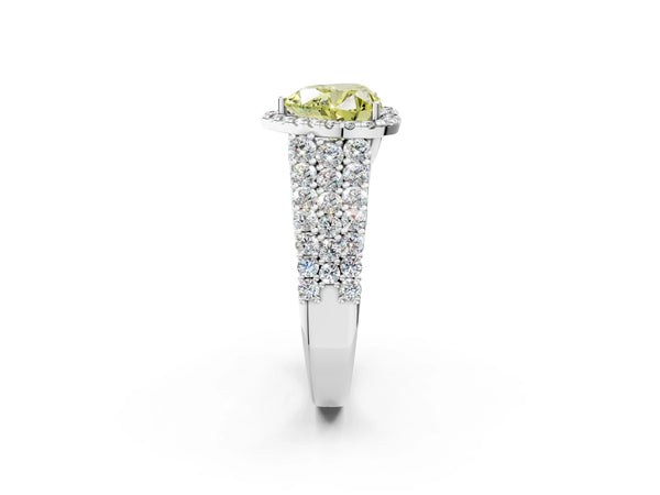 White gold Fancy Yellow Heart Cut Halo Pavé Diamond Engagement Ring with Split Shank and Four-Prong Setting