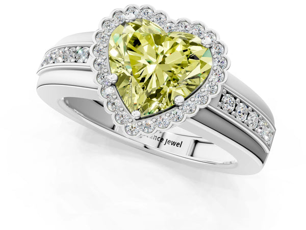 White gold Fancy Yellow Heart  Cut Halo Pave Band Four-Prong Ring