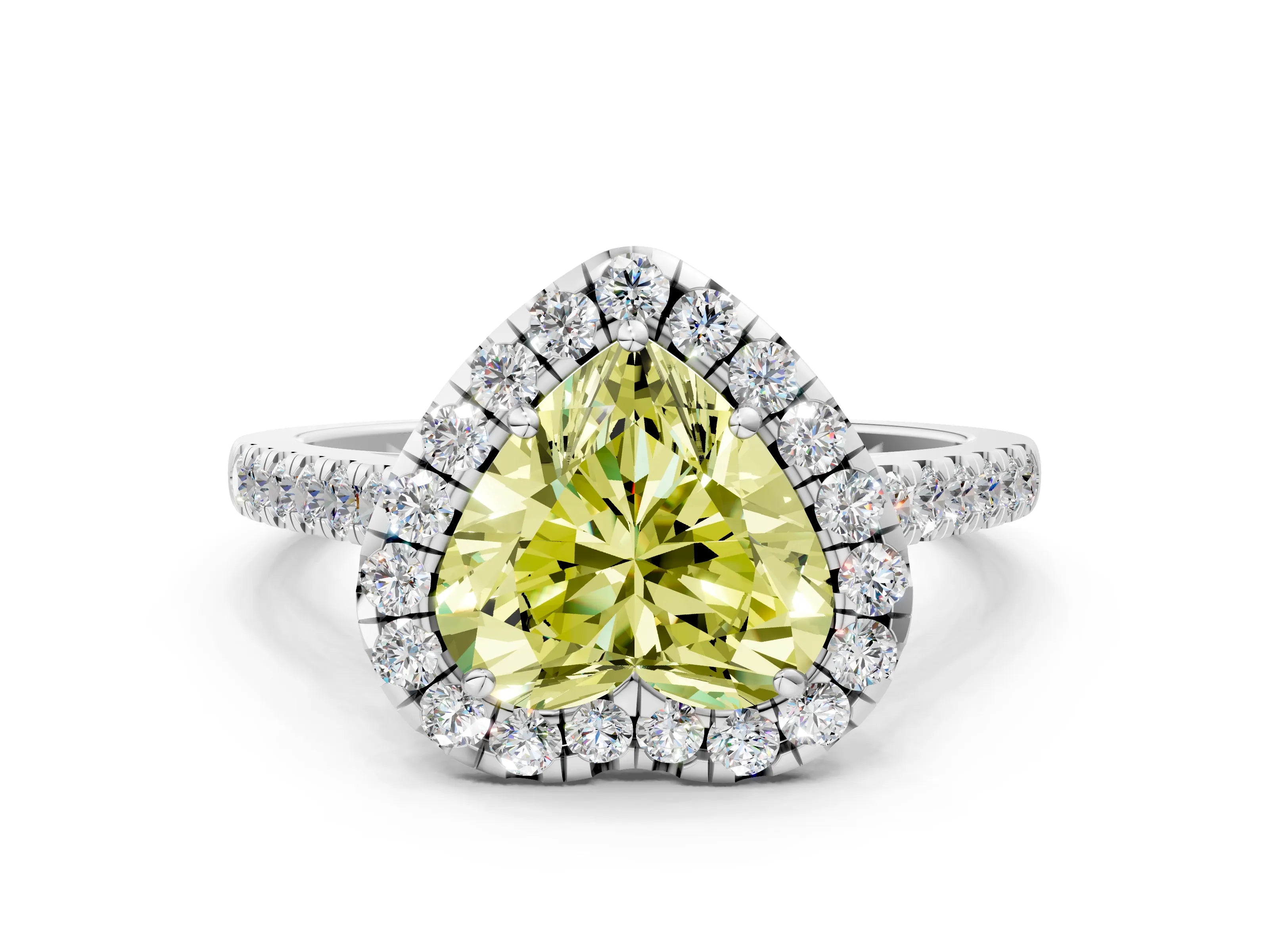 White gold Fancy Yellow Heart Cut Halo Pave Diamond Engagement Ring with Four-Prong Setting