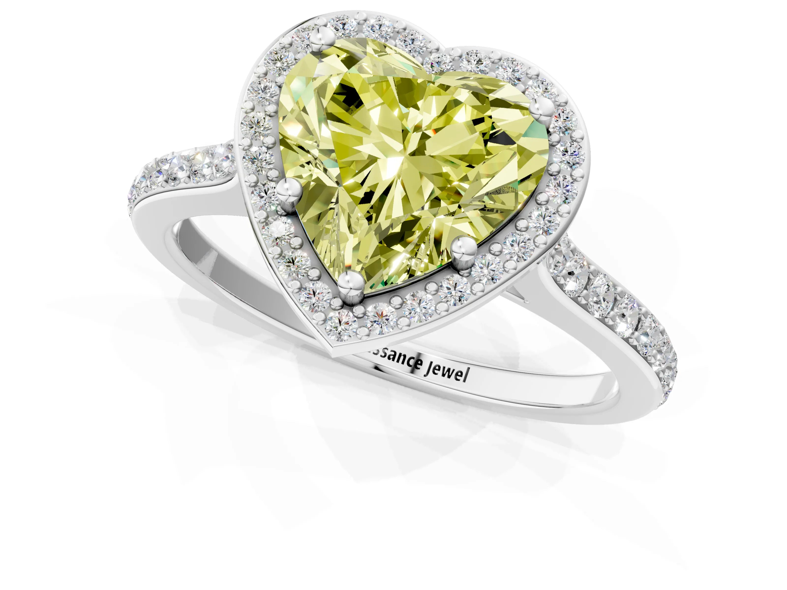 White gold Fancy Yellow Heart Cut Halo Round Diamond Pavé Band with Four-Prong Setting_28