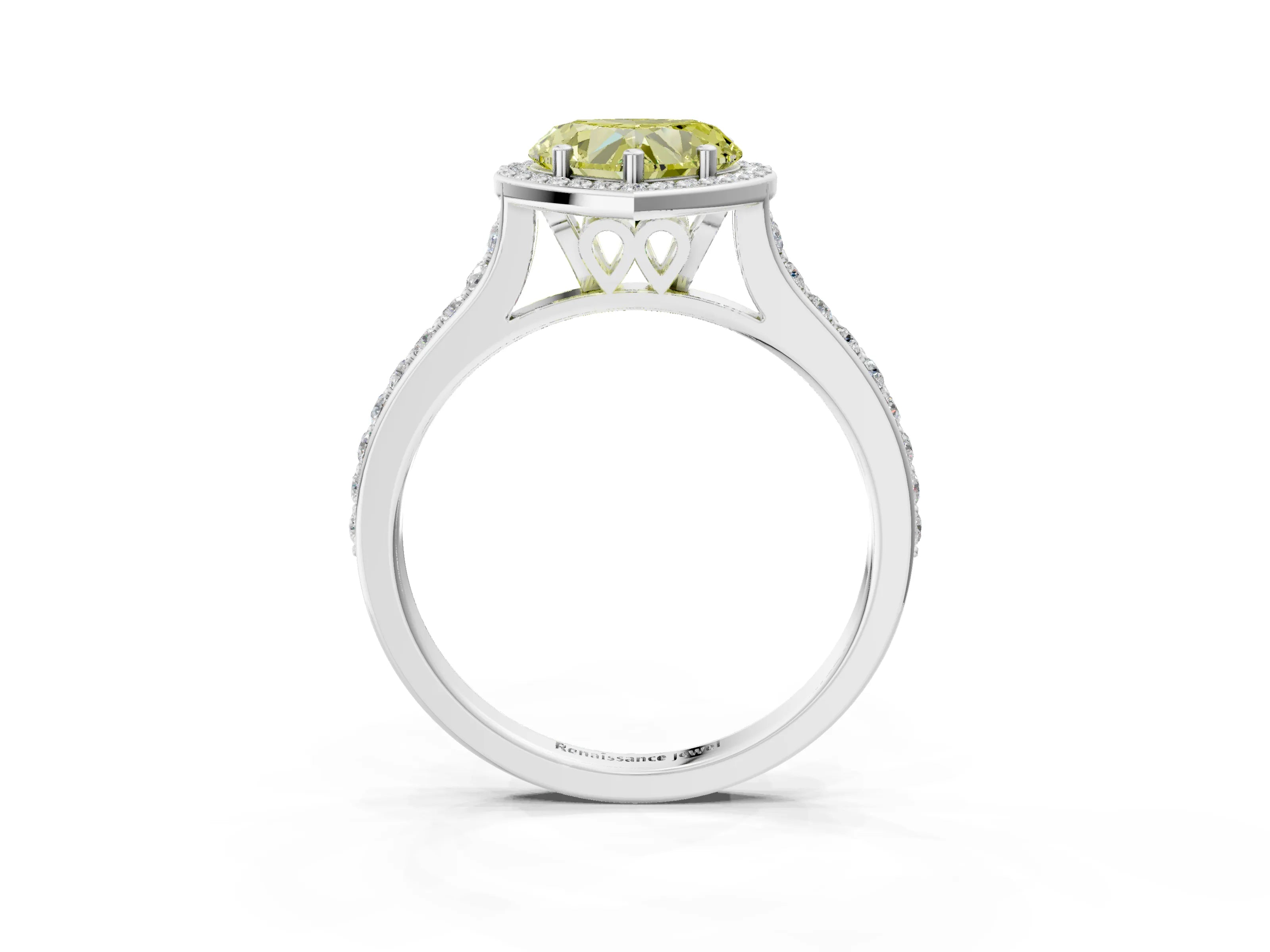White gold Fancy Yellow Heart Cut Halo Round Diamond Pavé Band with Four-Prong Setting_30