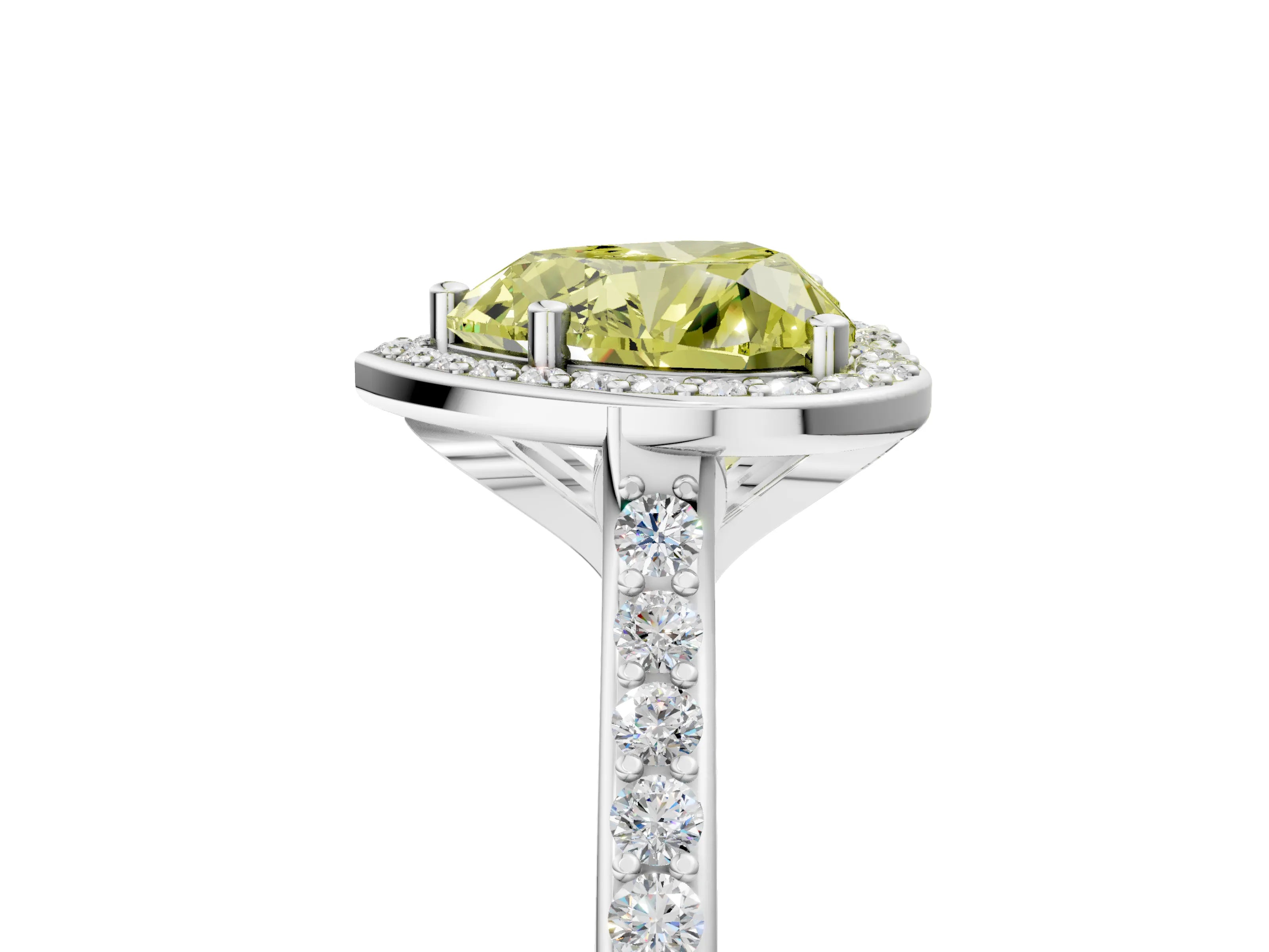 White gold Fancy Yellow Heart Cut Halo Round Diamond Pavé Band with Four-Prong Setting_32