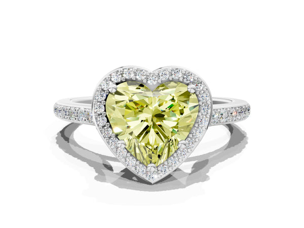 Platinum Fancy Yellow Heart Cut Halo Round Diamond Pavé Band with Four-Prong Setting