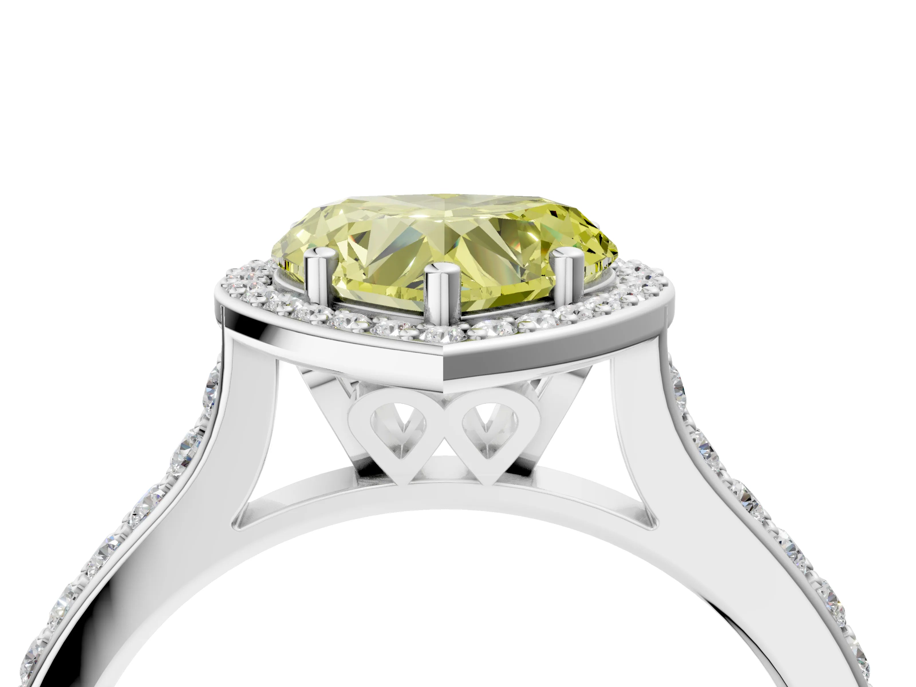 White gold Fancy Yellow Heart Cut Halo Round Diamond Pavé Band with Four-Prong Setting_43