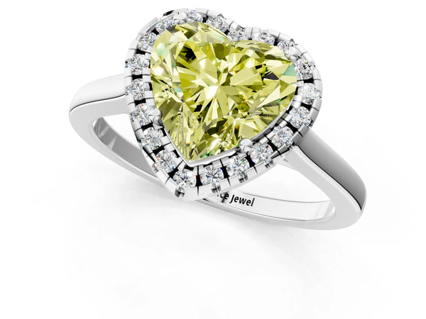 Platinum Fancy Yellow Heart Cut Halo Round Diamond Solitaire Ring with Pavé Band and Four-Prong Setting