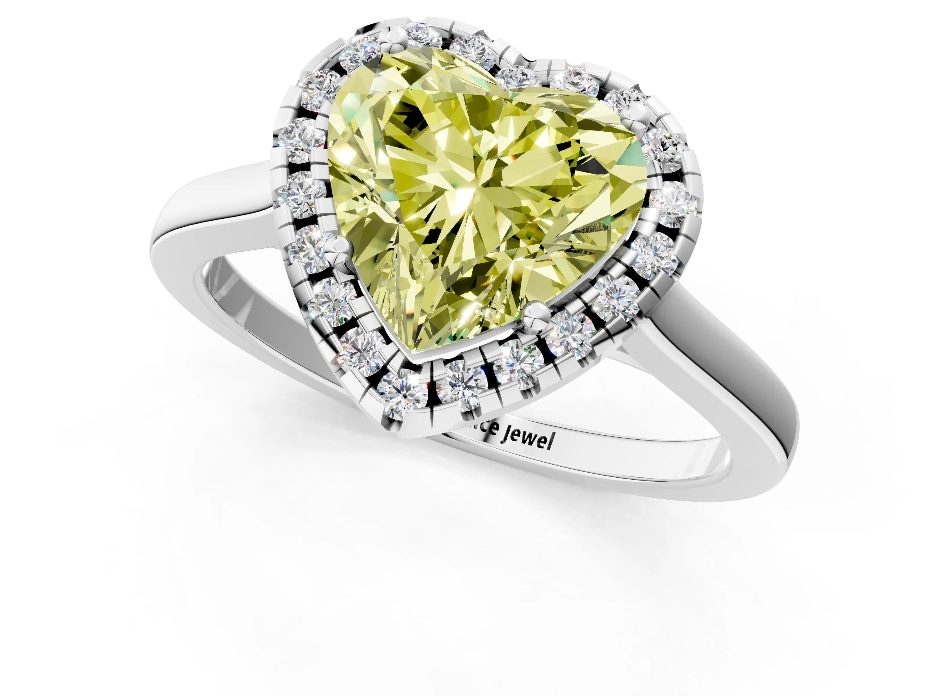 White gold Fancy Yellow Heart Cut Halo Round Diamond Solitaire Ring with Pavé Band and Four-Prong Setting_13