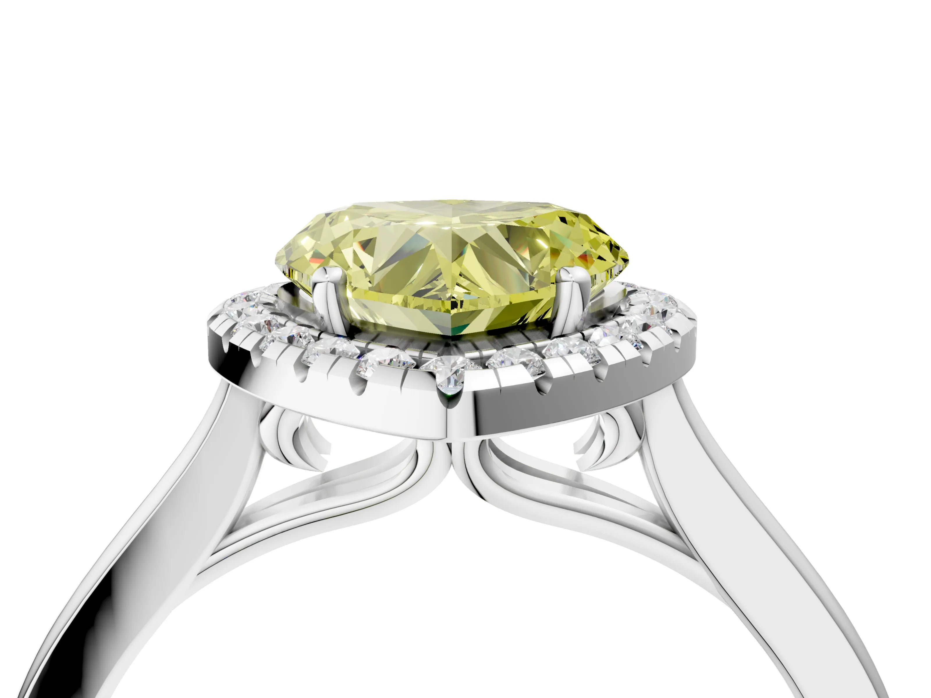 White gold Fancy Yellow Heart Cut Halo Round Diamond Solitaire Ring with Pavé Band and Four-Prong Setting_16